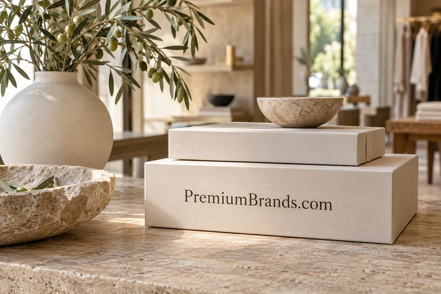 A quiet retail still life carrying PremiumBrands.com